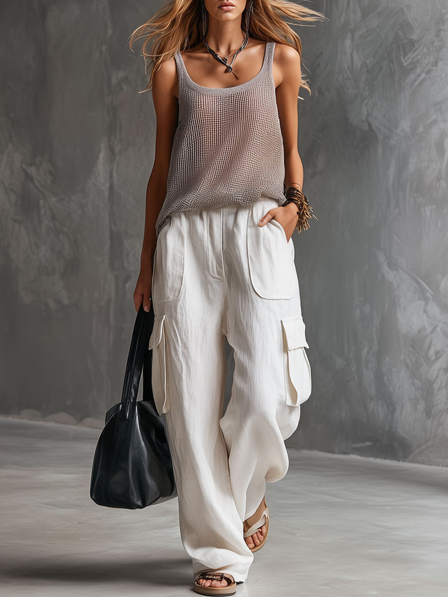 Vacation Retro Gray Mesh Knit Vest And White Cotton Linen Work Pants Set