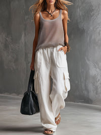 Vacation Retro Gray Mesh Knit Vest And White Cotton Linen Work Pants Set