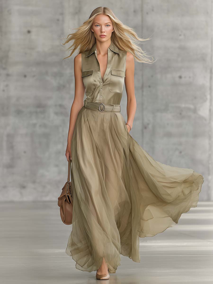 Elegant Flowy Fashion V-Neck Front-Button Dusty Khaki Satin And Organza Patchwork Maxi Dress
