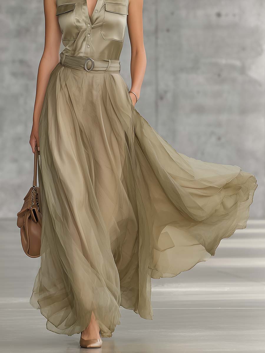 Elegant Flowy Fashion V-Neck Front-Button Dusty Khaki Satin And Organza Patchwork Maxi Dress