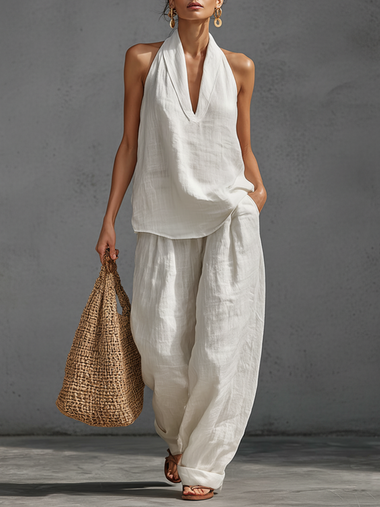 Casual Urban Style White Linen V-neck Sleeveless Top And Wide Leg Pants Set