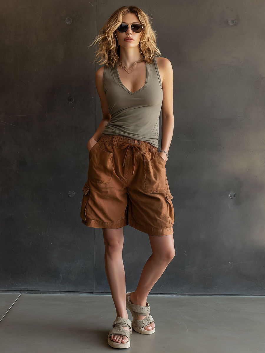 Casual Retro Brown Denim Cargo Shorts