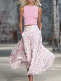 Elegant Retro Flowy Pink Knit Top And Striped Chiffon Skirt Set