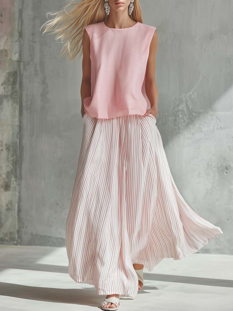 Casual Vacation Light Pink Cotton-Linen Crew-Neck Top And Striped Chiffon Maxi Skirt Set