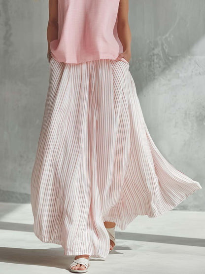 Casual Vacation Light Pink Cotton-Linen Crew-Neck Top And Striped Chiffon Maxi Skirt Set