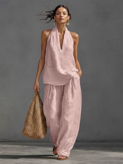 Casual Urban Style White Linen V-neck Sleeveless Top And Wide Leg Pants Set
