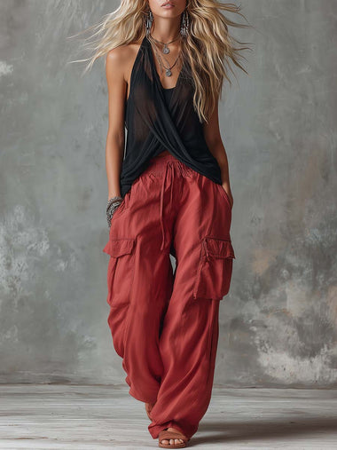 Retro Casual Workwear Style Black V-Neck Mesh Top And Red Cotton Pants Set