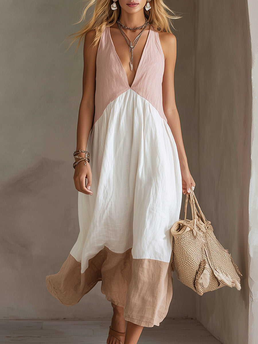 Elegant Color-Block Cotton-Linen V-Neck Sleeveless Maxi Dress