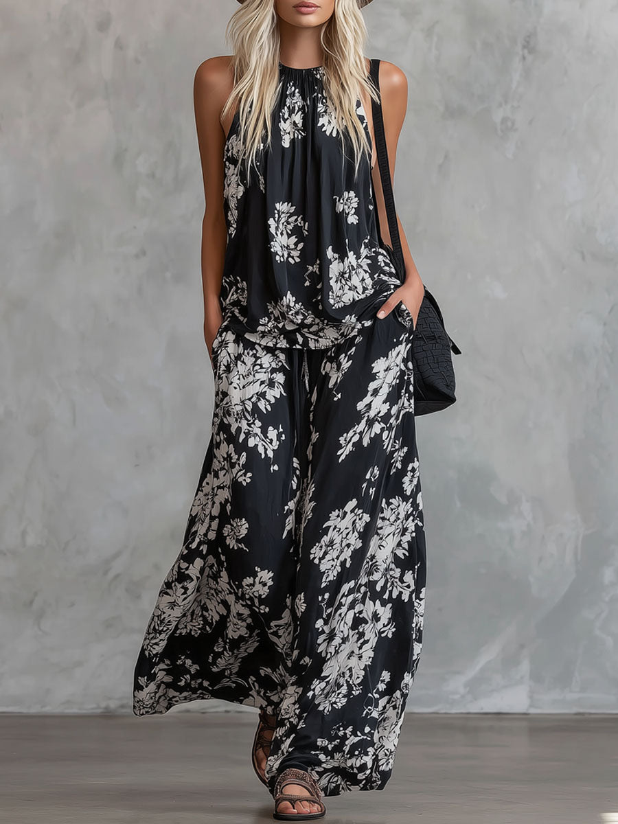 Loose-fitting Floral Print Sleeveless Top And Trousers Chiffon Set