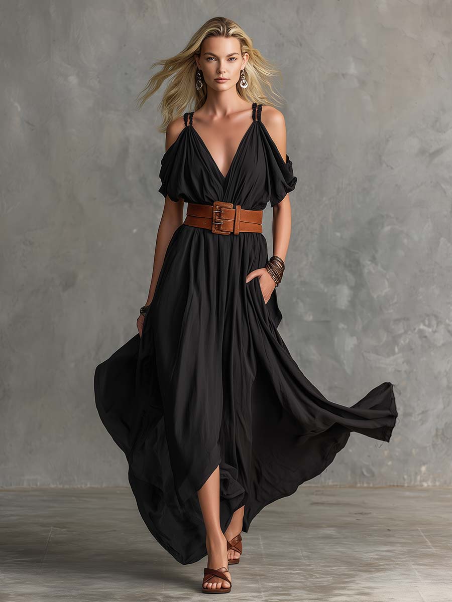 Casual Vacation Strappy V-Neck Black Cotton Slit Maxi Dress