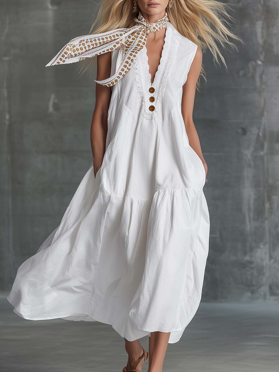 Retro Casual Vacation Lace Trim V-Neck And Front Buttons White Cotton Linen Midi Dress