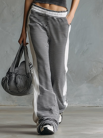 Chic &amp; Sporty Black Cotton Tank Top And Striped Wide-Leg Pants Set
