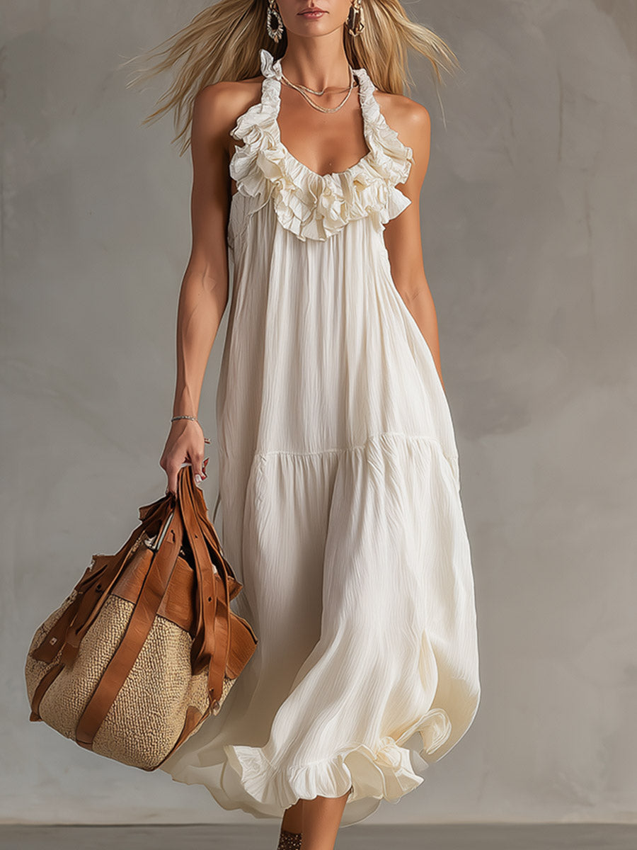 Classic Bohemian Off-White Ruffled Textured Chiffon Sleeveless Maxi Dress