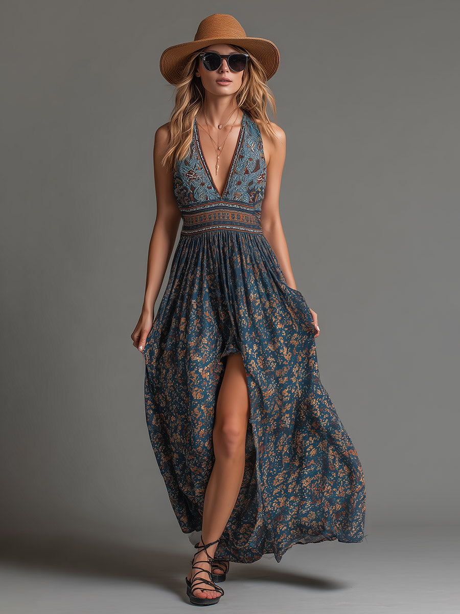 Retro Bohemian Teal Floral Printed Chiffon Sleeveless Maxi Dress