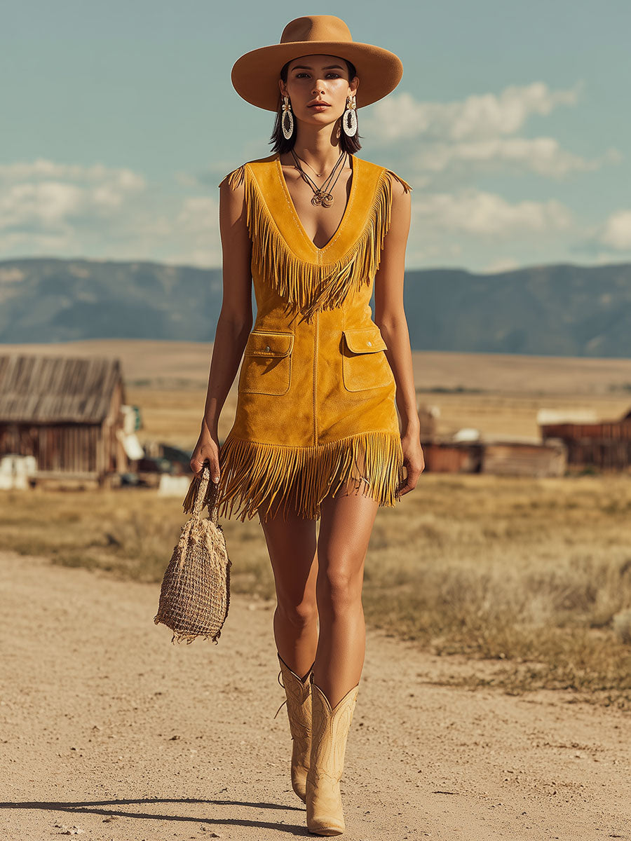 Western Retro Tassel Yellow Sleeveless V-neck Faux Suede Mini Dress