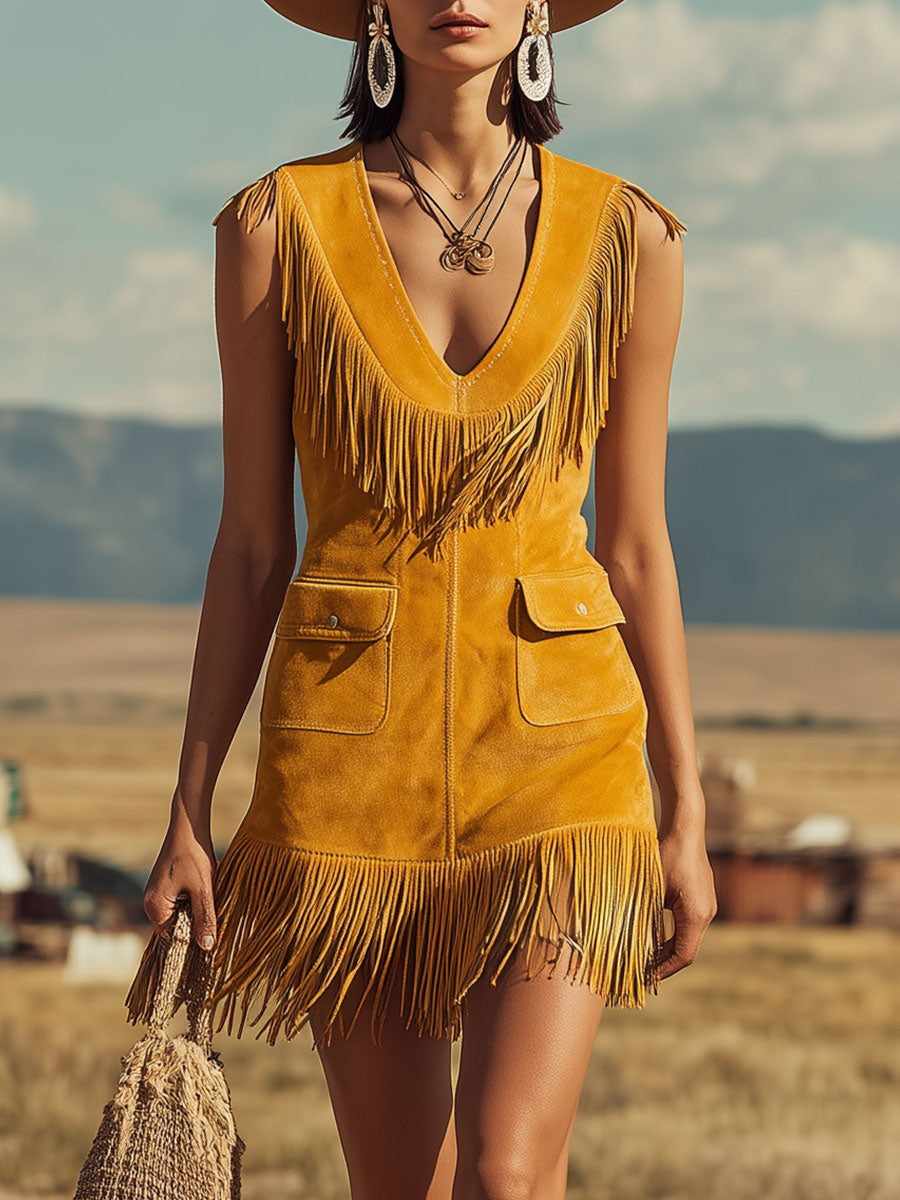 Western Retro Tassel Yellow Sleeveless V-neck Faux Suede Mini Dress