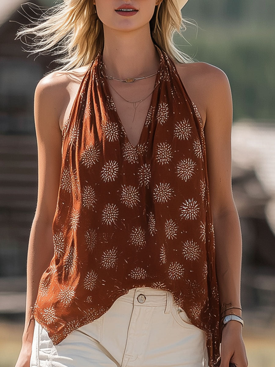 Western Retro Print Caramel Brown Sleeveless Halter Neck V-neck Chiffon Blouse