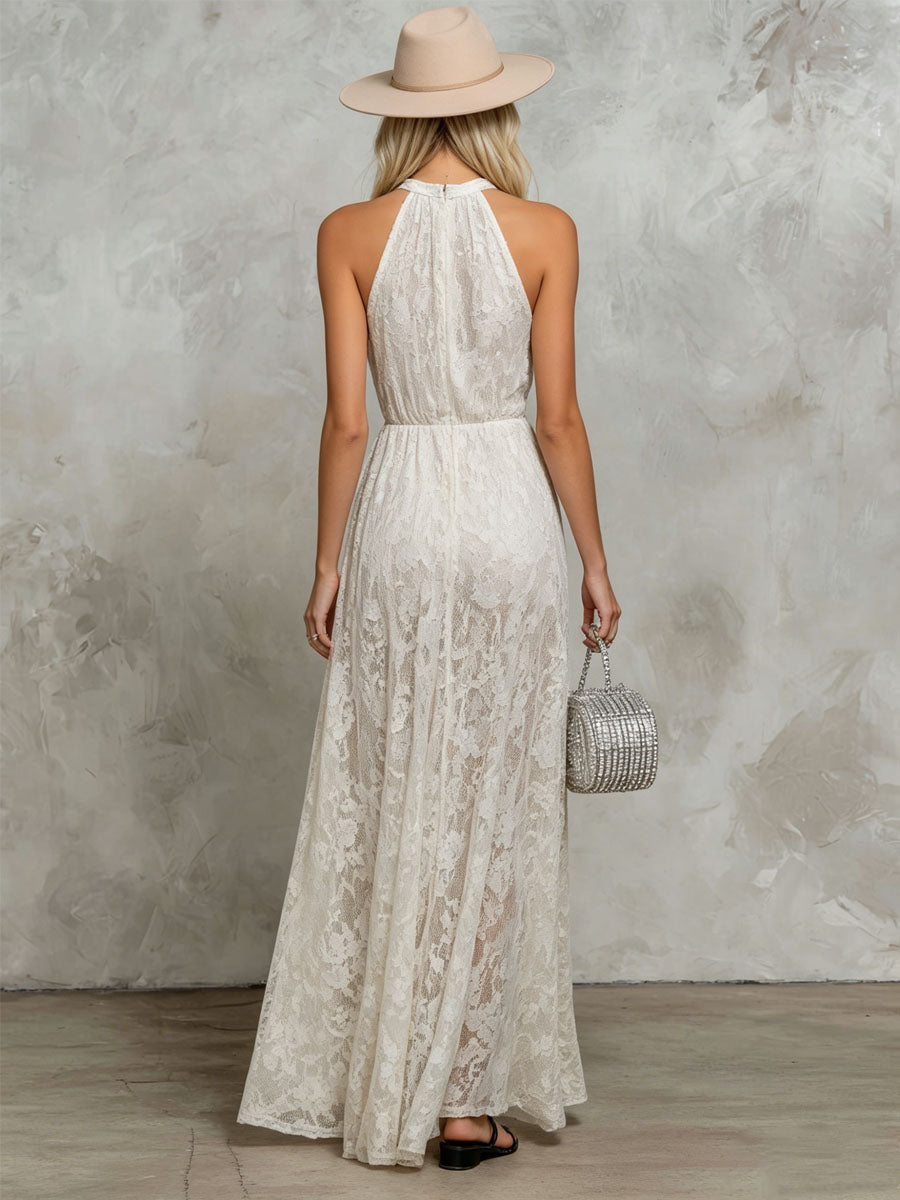 Retro Halter Neck Sleeveless Lace Maxi Dress