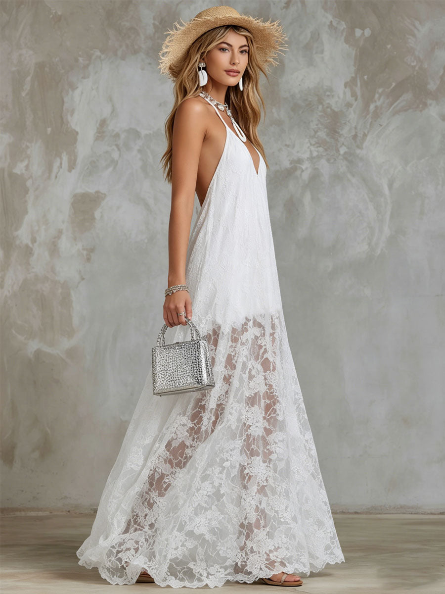 Retro V-neck Sleeveless Lace Maxi Dress