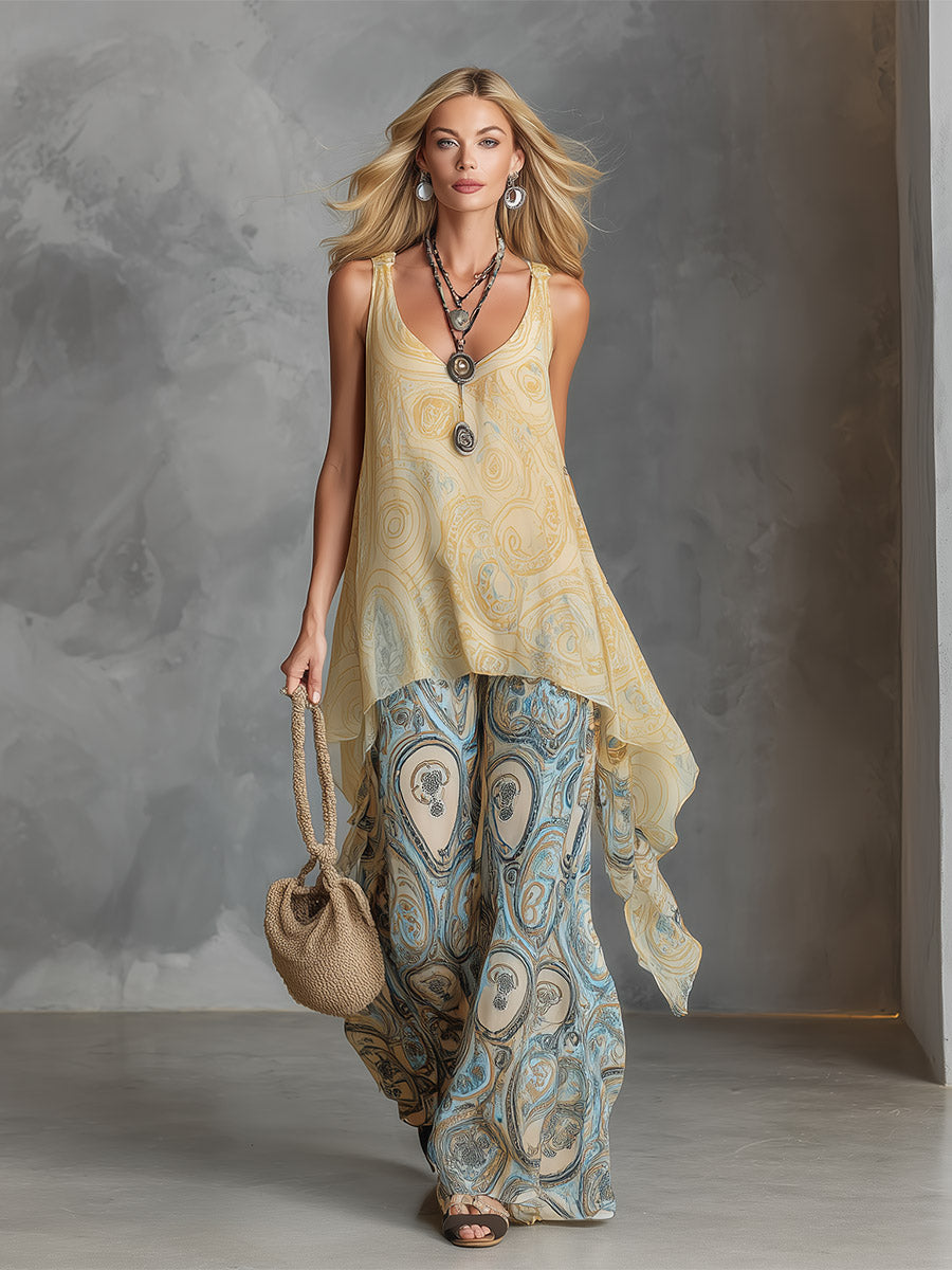 Elegant Light Yellow Mid-Length Sleeveless Top &amp; Blue Pants Ethnic Print Chiffon Two-Piece Set