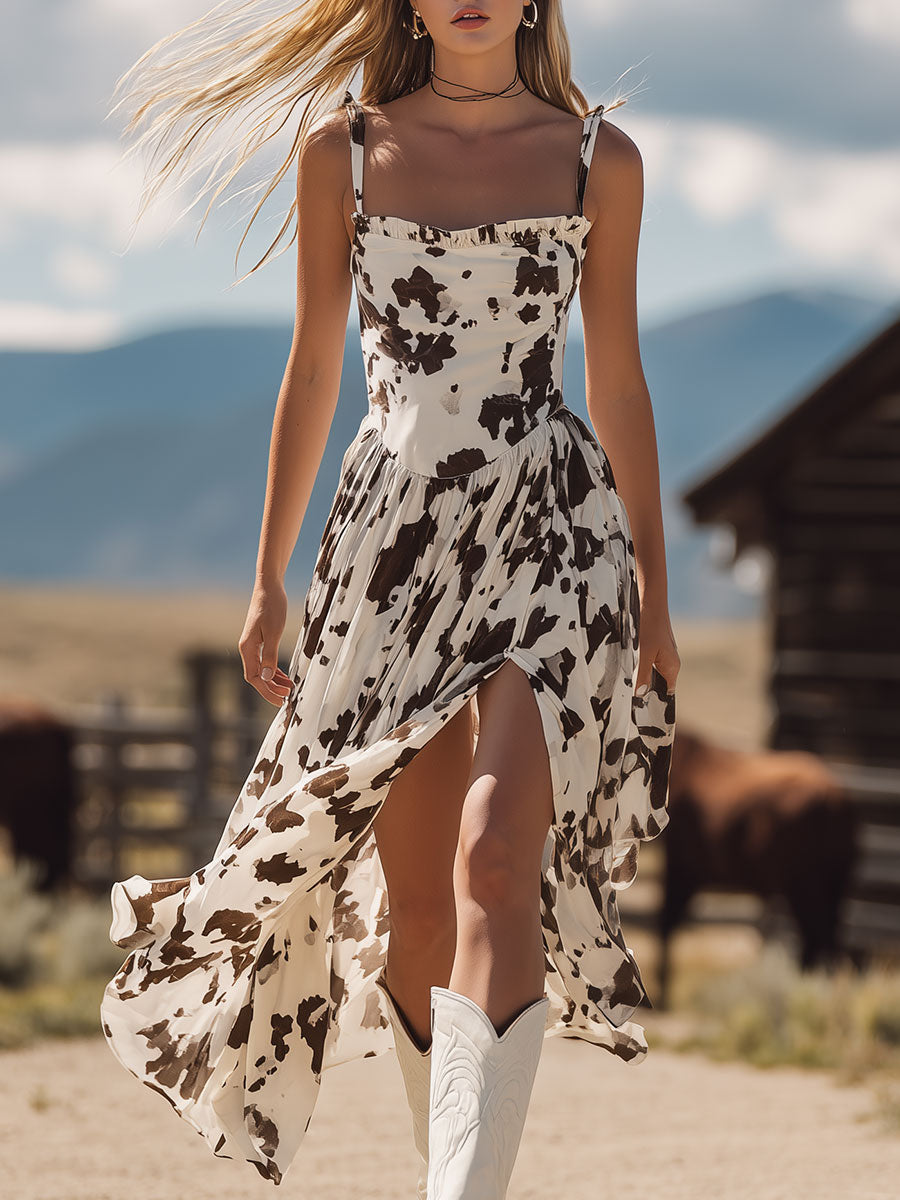 Western Retro Cow Print White Sleeveless Ruffled Square Neck Chiffon Midi Dress