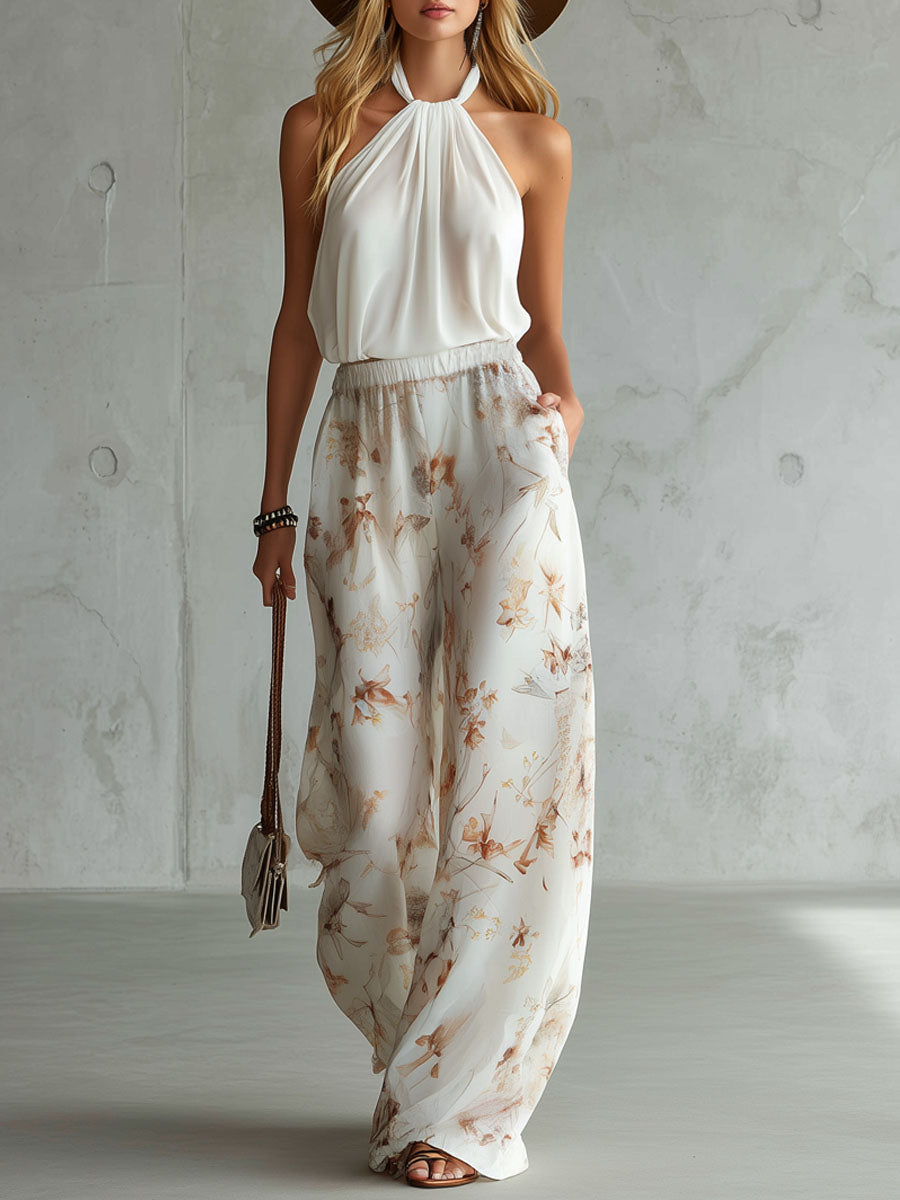 Halter-neck Sleeveless Top And Printed Chiffon Trousers Set