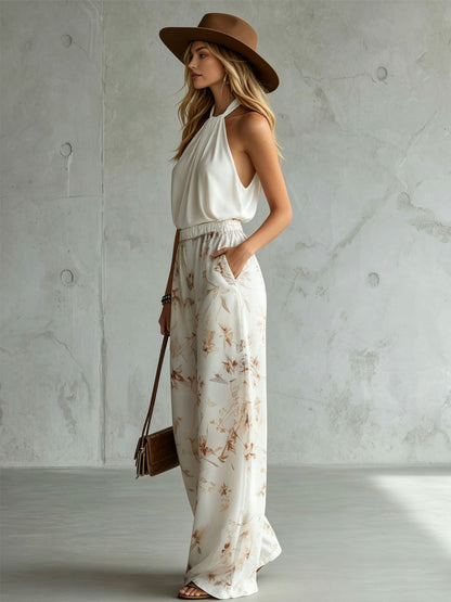 Halter-neck Sleeveless Top And Printed Chiffon Trousers Set
