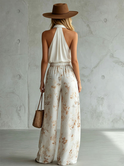 Halter-neck Sleeveless Top And Printed Chiffon Trousers Set