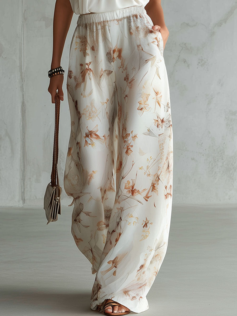 Halter-neck Sleeveless Top And Printed Chiffon Trousers Set