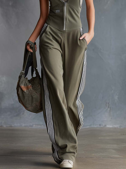Retro Fashion Sports V-Neck Front-Zip Olive Green Cotton Overalls Jumpsuit