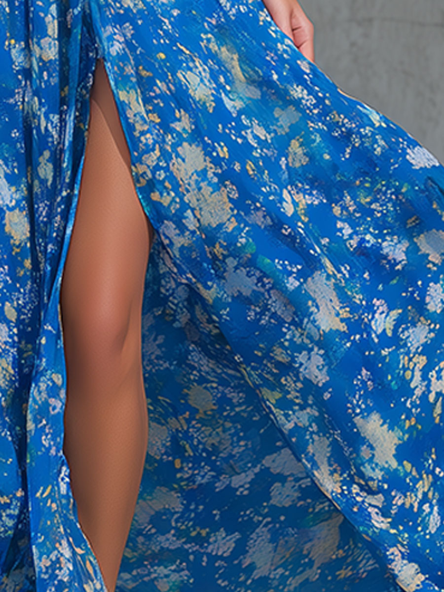 Elegant Retro-print Blue Halter Neck Chiffon Maxi Dress