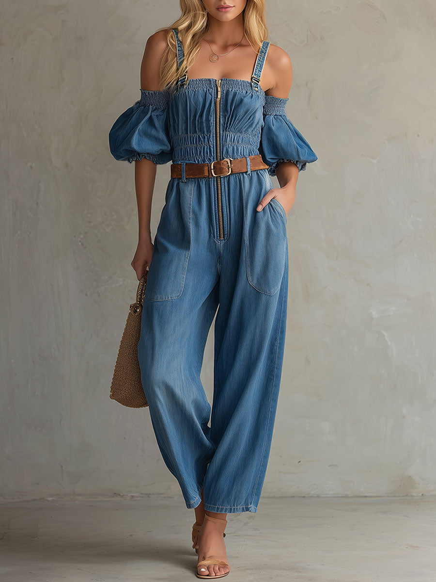 Fashionable Retro Blue Off-shoulder Short-sleeved Zip-up Denim Jumpsuit