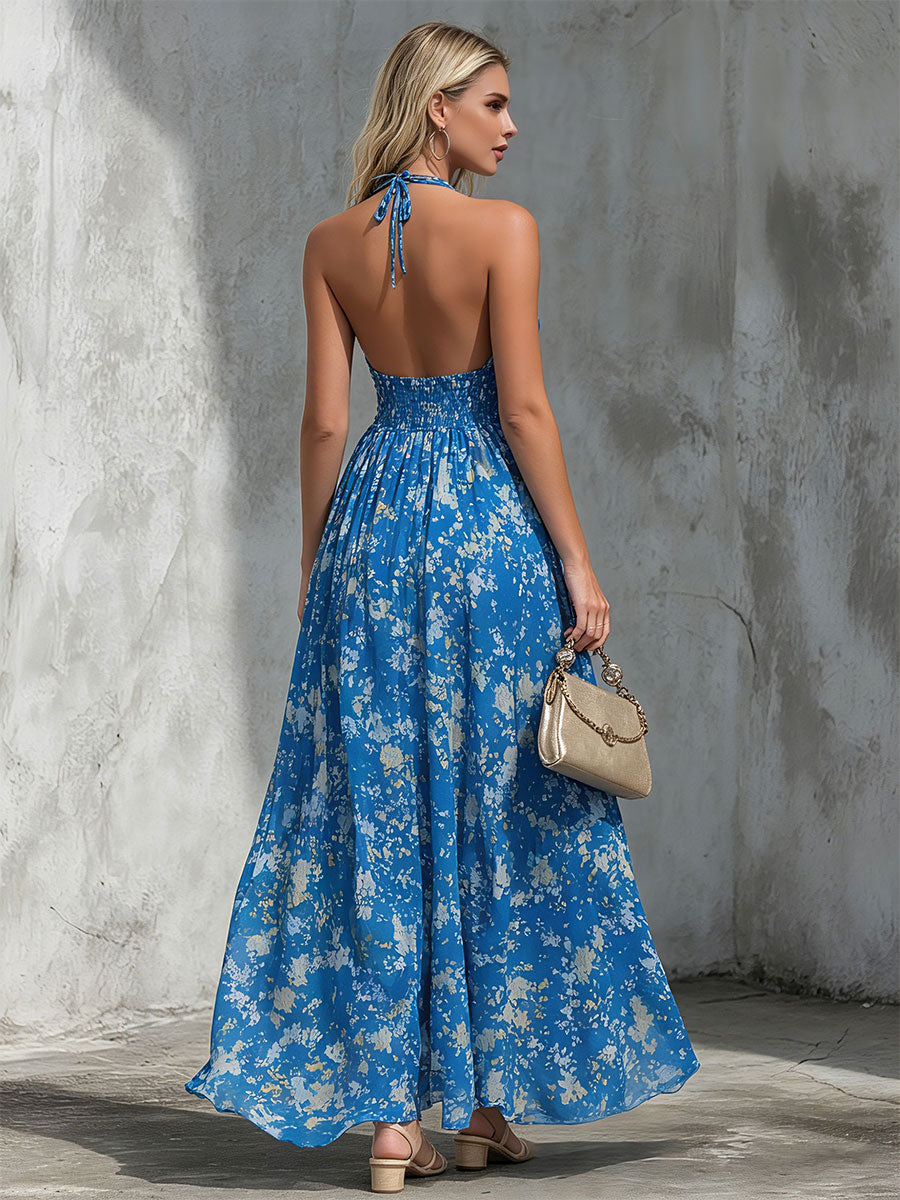Elegant Retro-print Blue Halter Neck Chiffon Maxi Dress