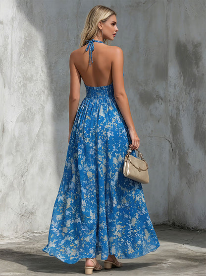 Elegant Retro-print Blue Halter Neck Chiffon Maxi Dress