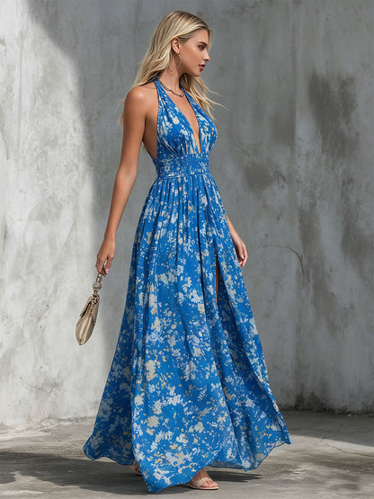Elegant Retro-print Blue Halter Neck Chiffon Maxi Dress