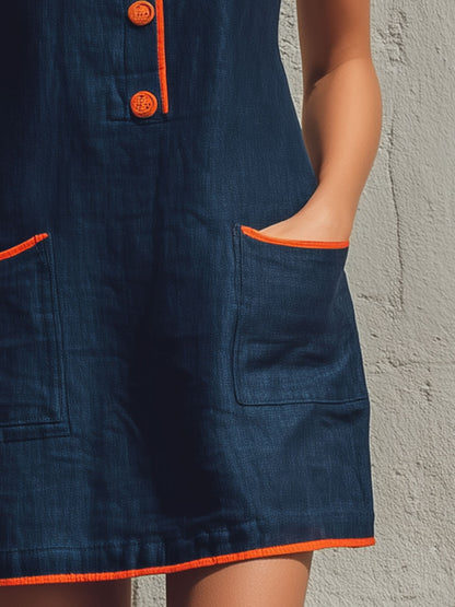 Casual Retro Color-blocked Trim Blue Sleeveless Round Neck Cotton Linen Mini Dress