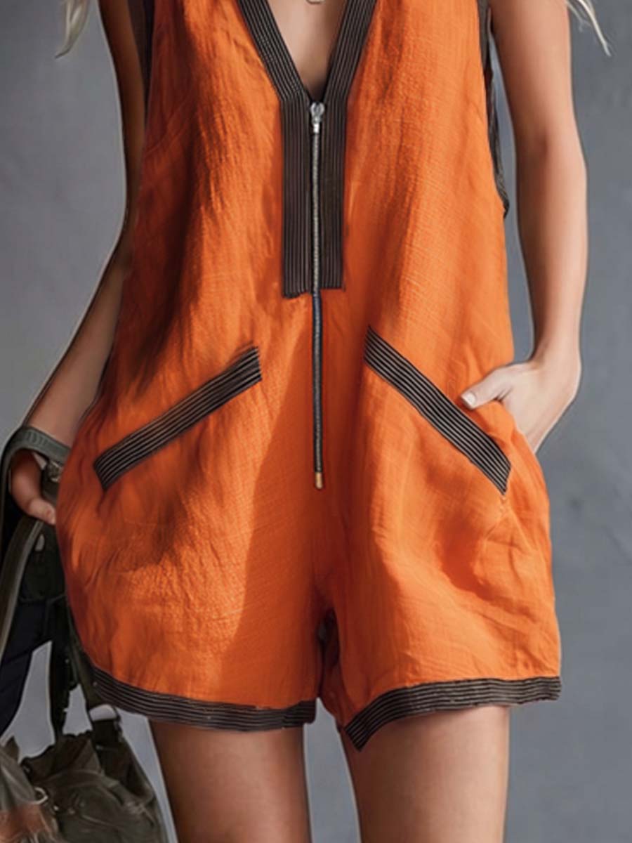 Retro Casual Contrast Striped V-Neck Front Zipper Orange Cotton-Linen Short Jumpsuit