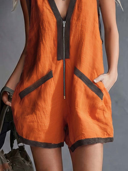 Retro Casual Contrast Striped V-Neck Front Zipper Orange Cotton-Linen Short Jumpsuit