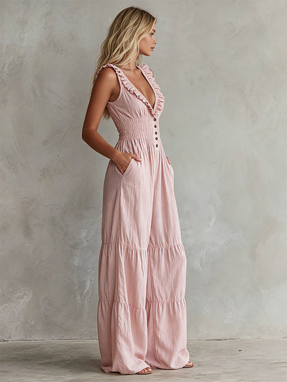 Casual Retro Ruffled Pink Sleeveless V-neck Button Cotton And Linen Jumpsuit