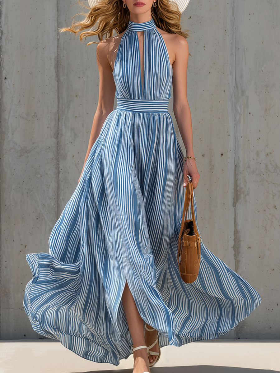 Fashionable Retro Blue And White Striped Chiffon Sleeveless Hollowed-out Maxi Dress