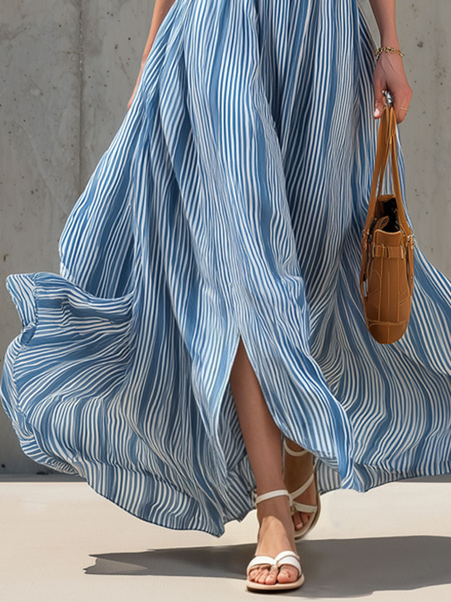 Fashionable Retro Blue And White Striped Chiffon Sleeveless Hollowed-out Maxi Dress
