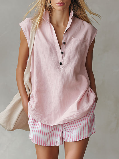 Casual Retro Pink Stand-collar Sleeveless Cotton-linen Shirt And Striped Shorts Set