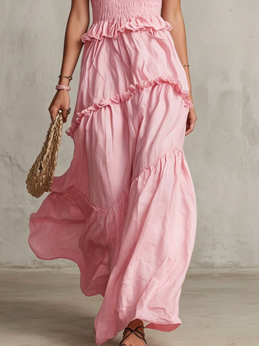 Pink Cotton Linen Sleeveless Ruffled Maxi Dress