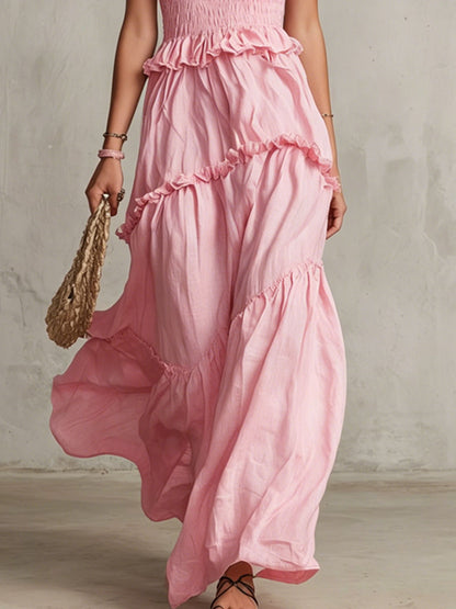 Pink Cotton Linen Sleeveless Ruffled Maxi Dress