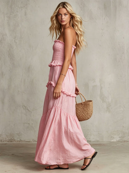 Pink Cotton Linen Sleeveless Ruffled Maxi Dress