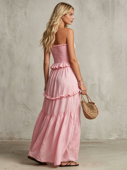 Pink Cotton Linen Sleeveless Ruffled Maxi Dress