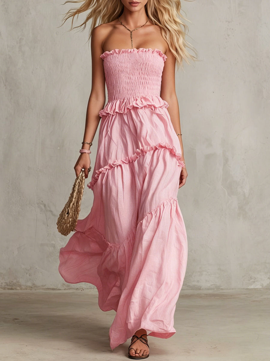 Pink Cotton Linen Sleeveless Ruffled Maxi Dress