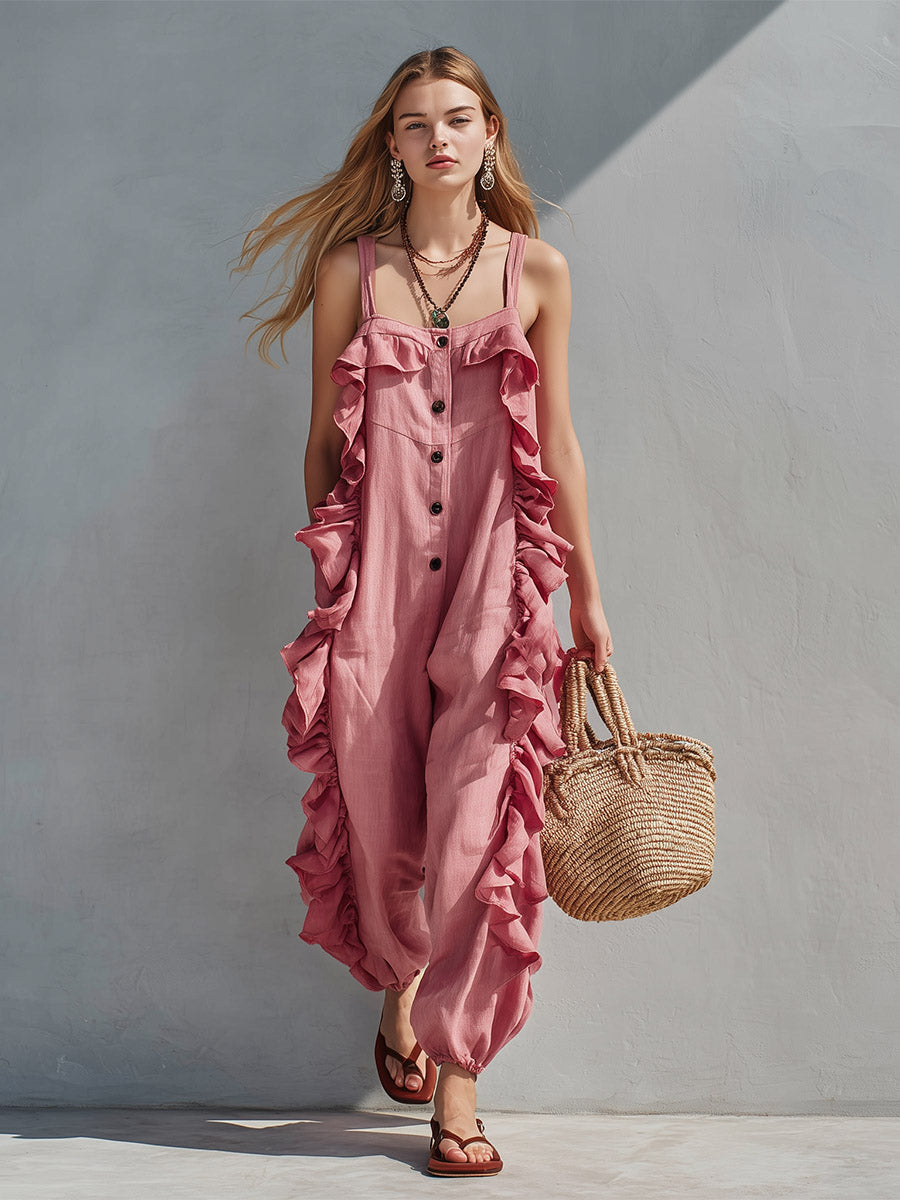 Retro Vacation-Style Pink Ruffled Cotton-Linen Sleeveless Jumpsuit