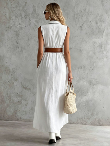 Collared Color-blocked Sleeveless Cotton-linen Maxi Dress