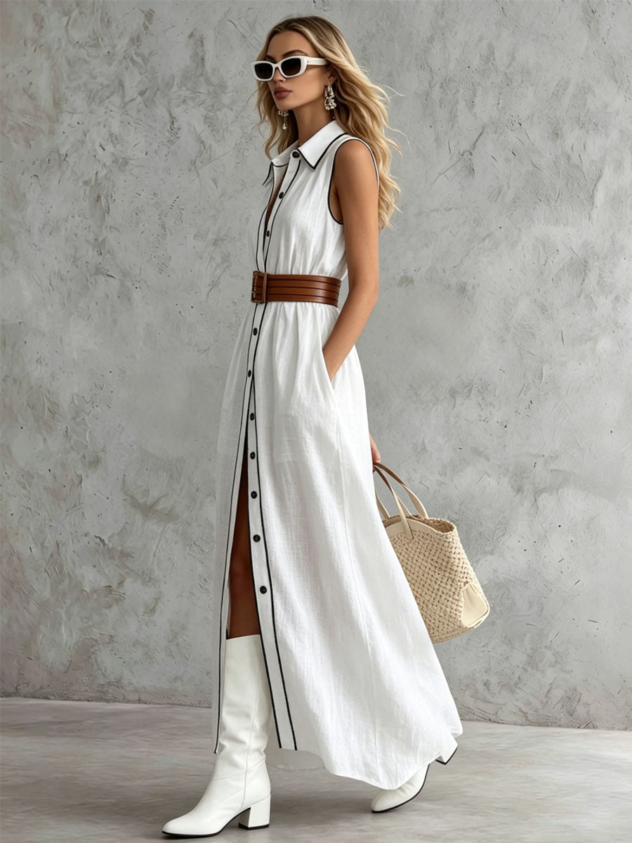 Collared Color-blocked Sleeveless Cotton-linen Maxi Dress